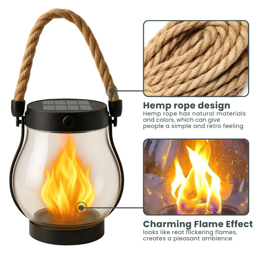 Solar Garden Lantern with Flickering Flame Effect, Rechargeable Bronze Metal Outdoor Light 3