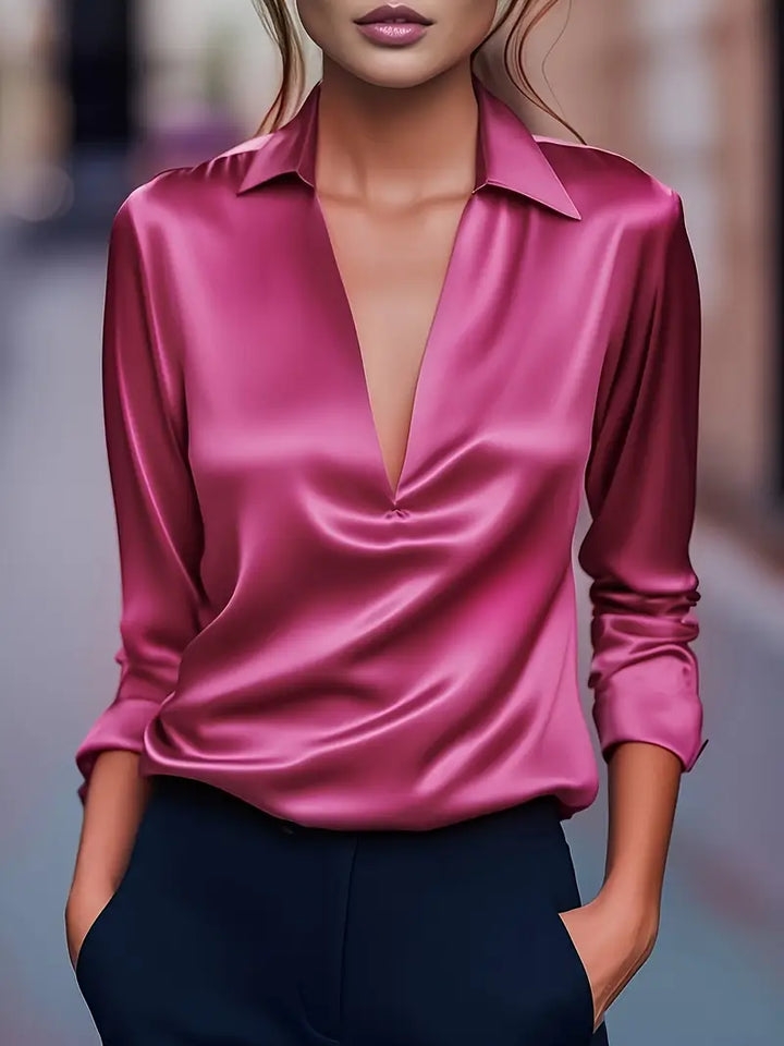 Women's Satin V-Neck Blouse with Draped Collar 8