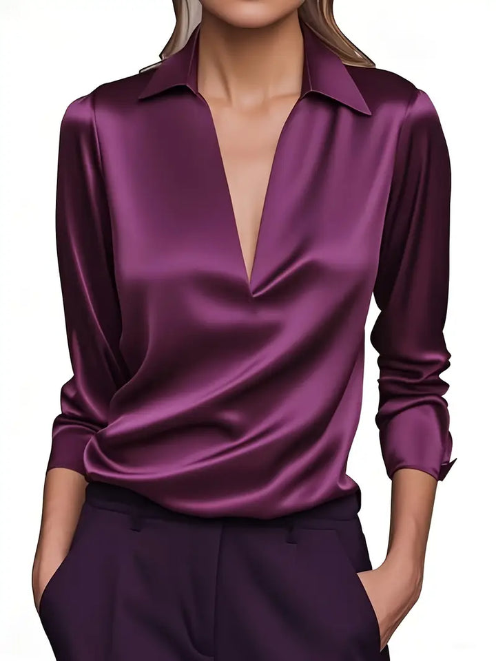 Women's Satin V-Neck Blouse with Draped Collar 12