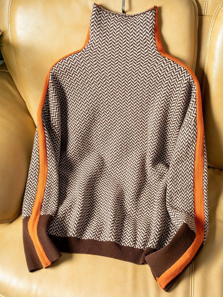Women's Mock Neck Sweater with Bold Contrast Stripes 4