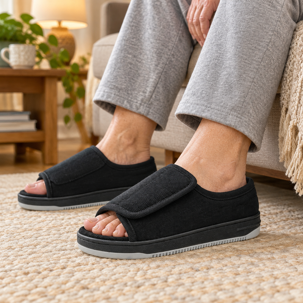 Wide-Fit Slippers for Swollen Feet with Adjustable Strap