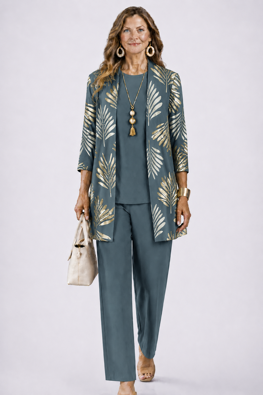 Women's 3-Piece Set with Printed Top, Pants and Open Cardigan 1