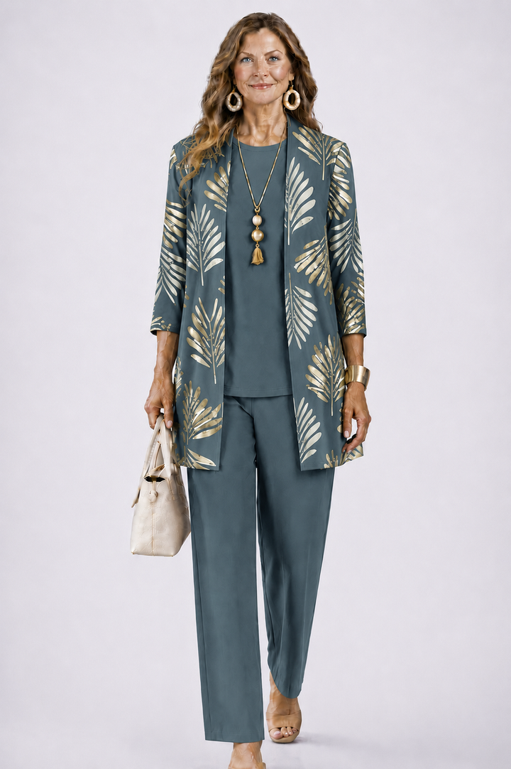 Women's 3-Piece Set with Printed Top, Pants and Open Cardigan 1