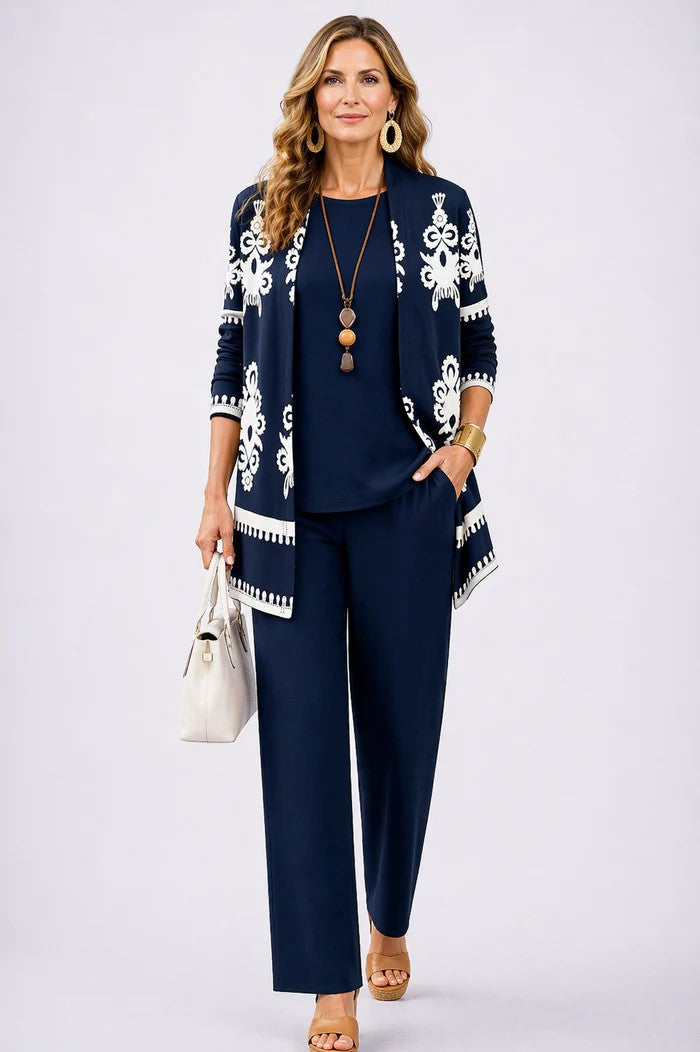 Women's 3-Piece Set with Printed Top, Pants and Open Cardigan 14
