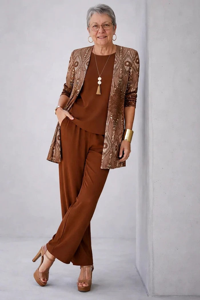 Women's 3-Piece Set with Printed Top, Pants and Open Cardigan 16
