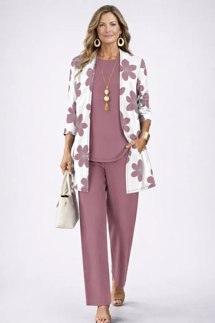 Women's 3-Piece Set with Printed Top, Pants and Open Cardigan 18