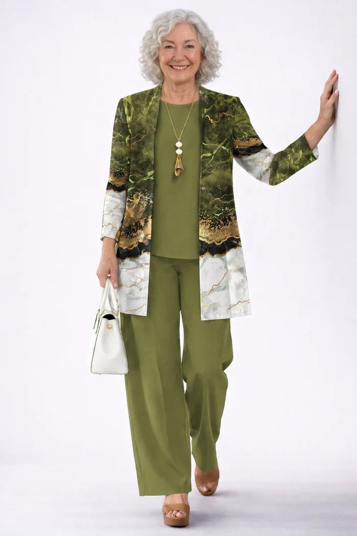 Women's 3-Piece Set with Printed Top, Pants and Open Cardigan 19