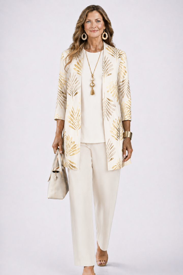 Women's 3-Piece Set with Printed Top, Pants and Open Cardigan 3