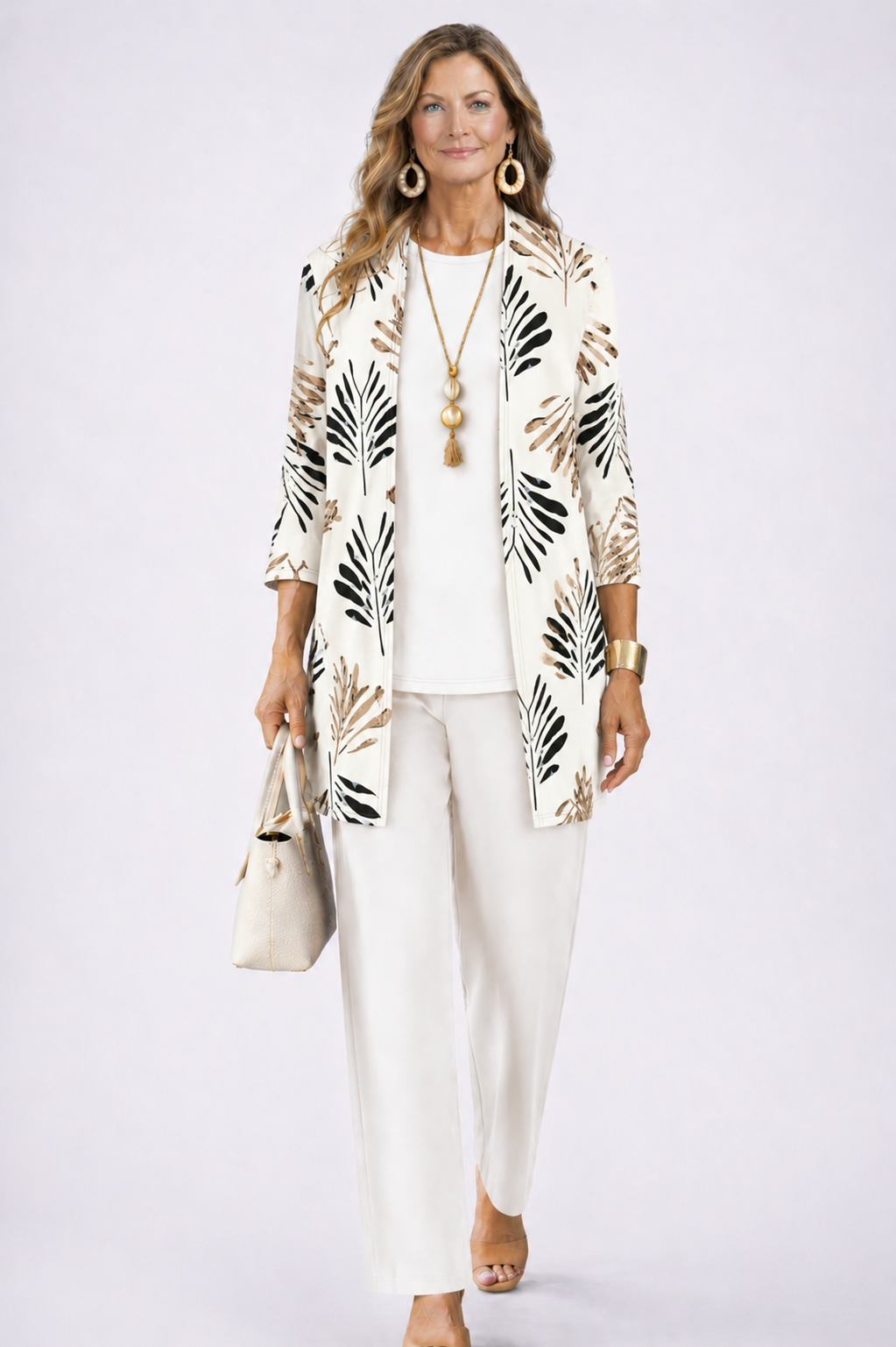 Women's 3-Piece Set with Printed Top, Pants and Open Cardigan 4