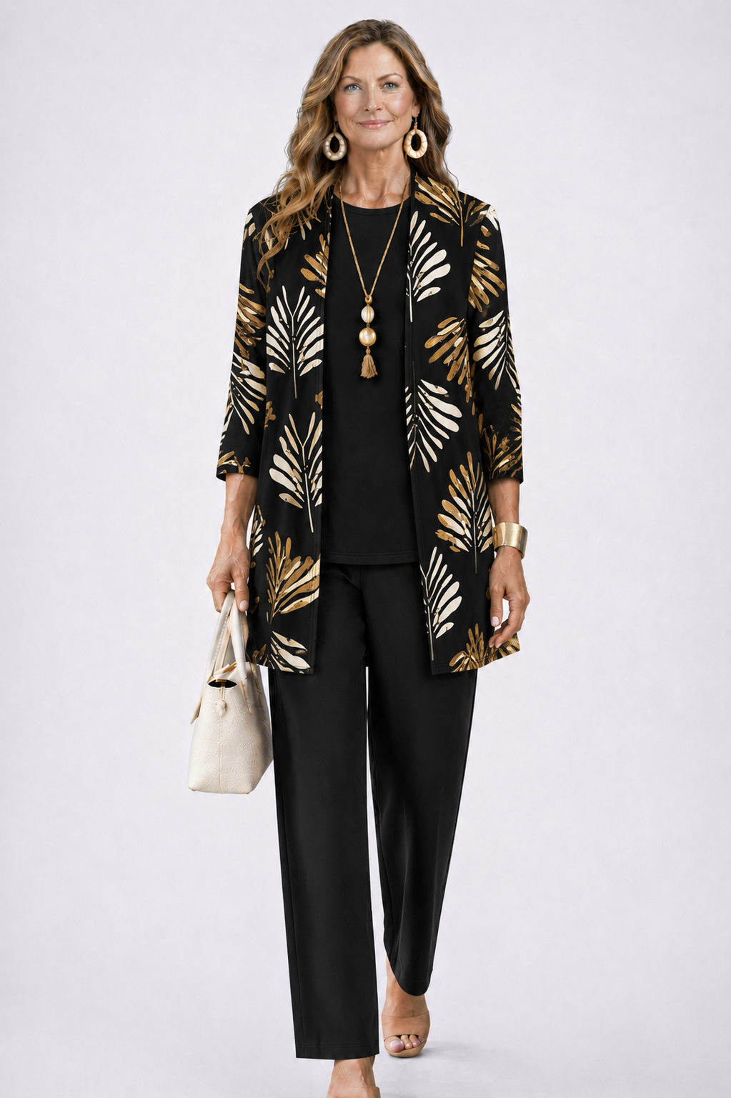 Women's 3-Piece Set with Printed Top, Pants and Open Cardigan 5