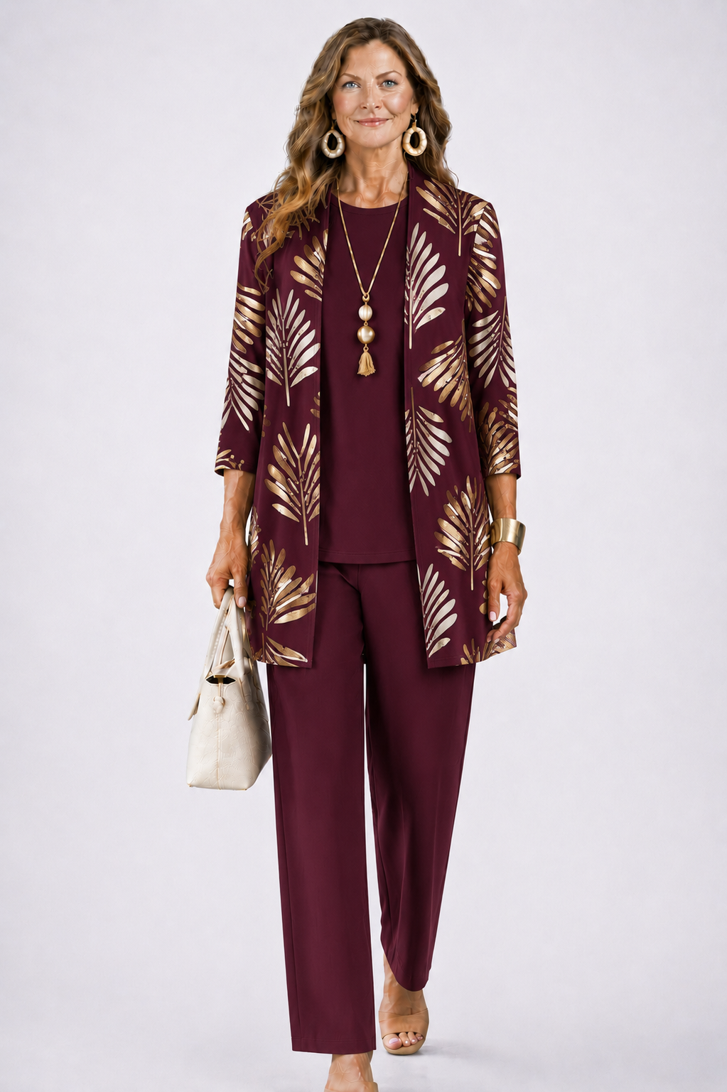 Women's 3-Piece Set with Printed Top, Pants and Open Cardigan 6