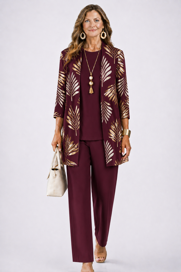 Women's 3-Piece Set with Printed Top, Pants and Open Cardigan 6