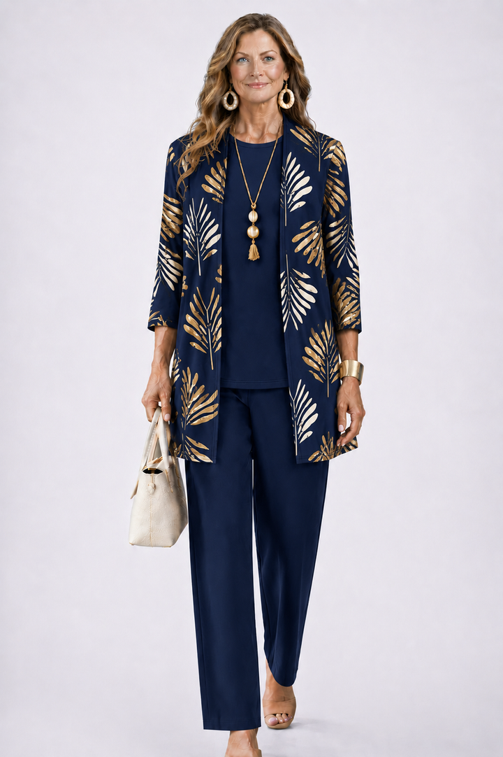 Women's 3-Piece Set with Printed Top, Pants and Open Cardigan 7