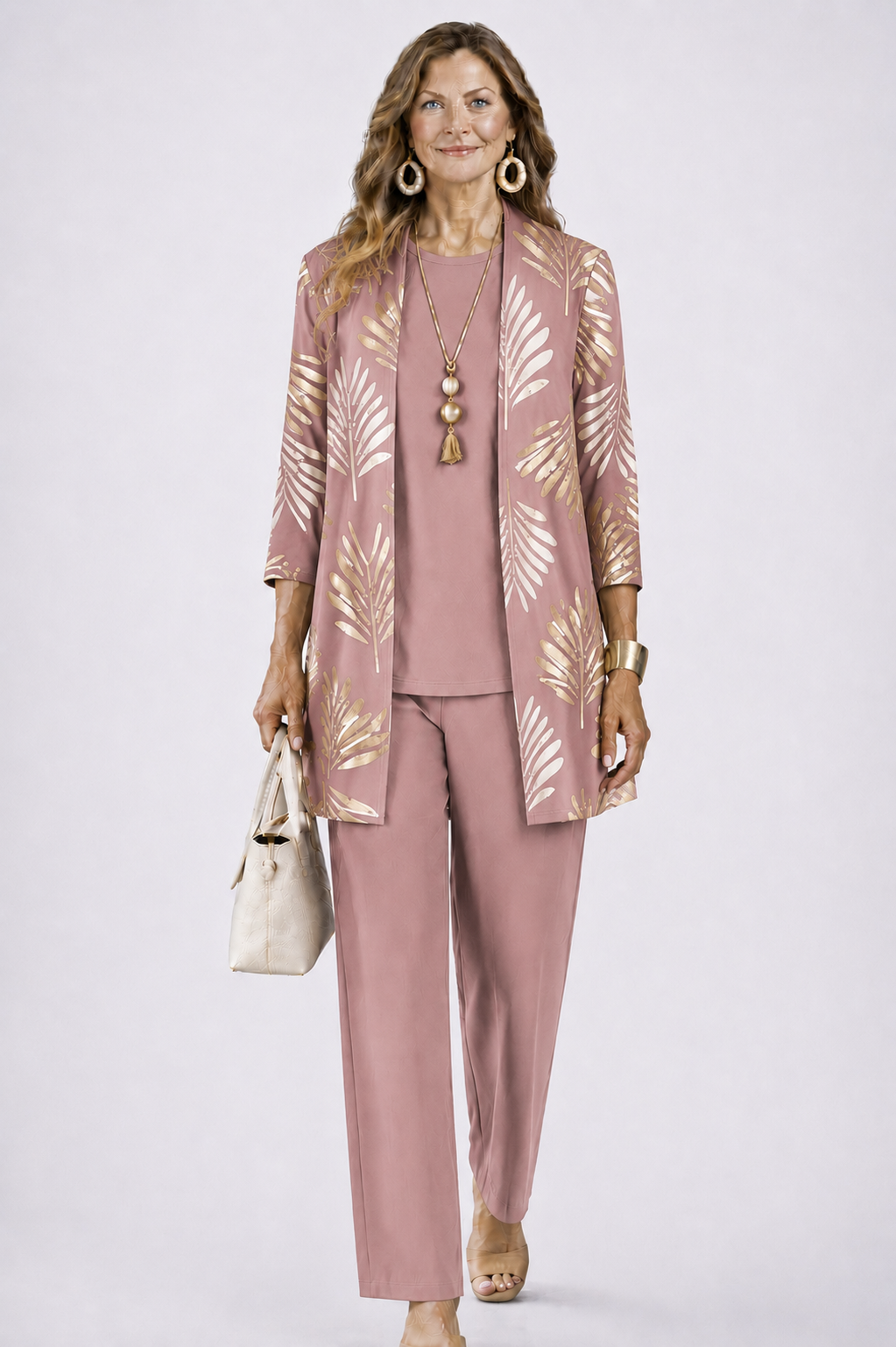 Women's 3-Piece Set with Printed Top, Pants and Open Cardigan 8