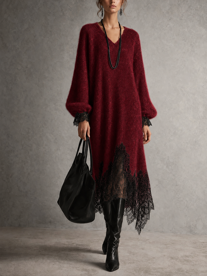 Shimmer Knit Sweater Dress with Lace Hem, V-Neck and Puff Sleeves 9