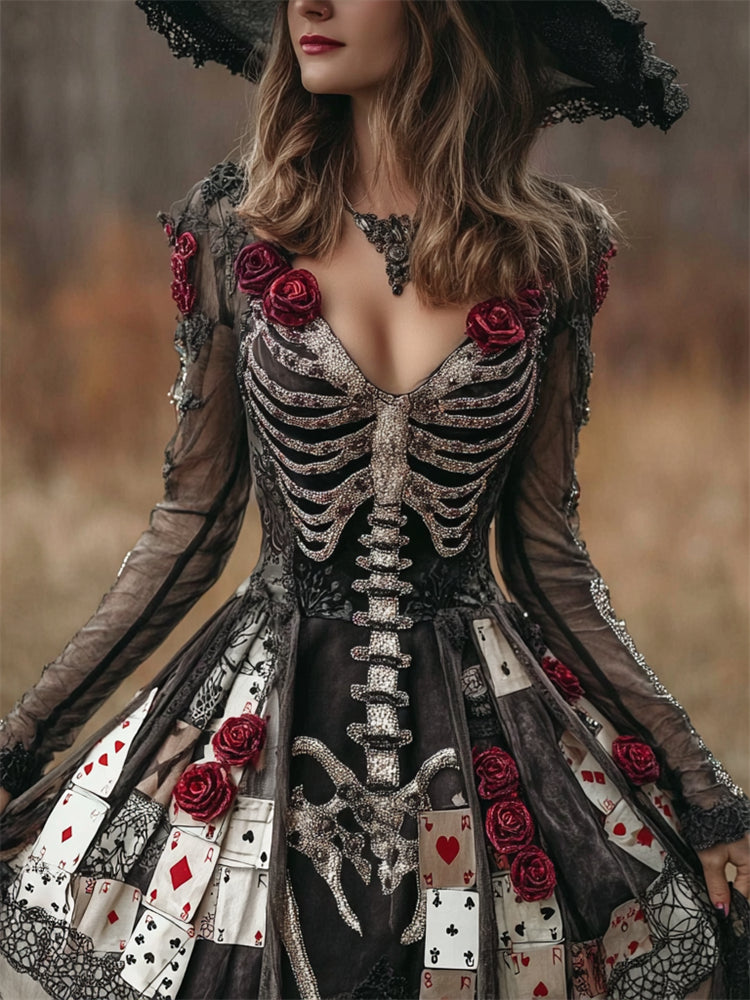 Women's Floral Gothic Black Mini Dress with Skeleton and Playing Cards 1