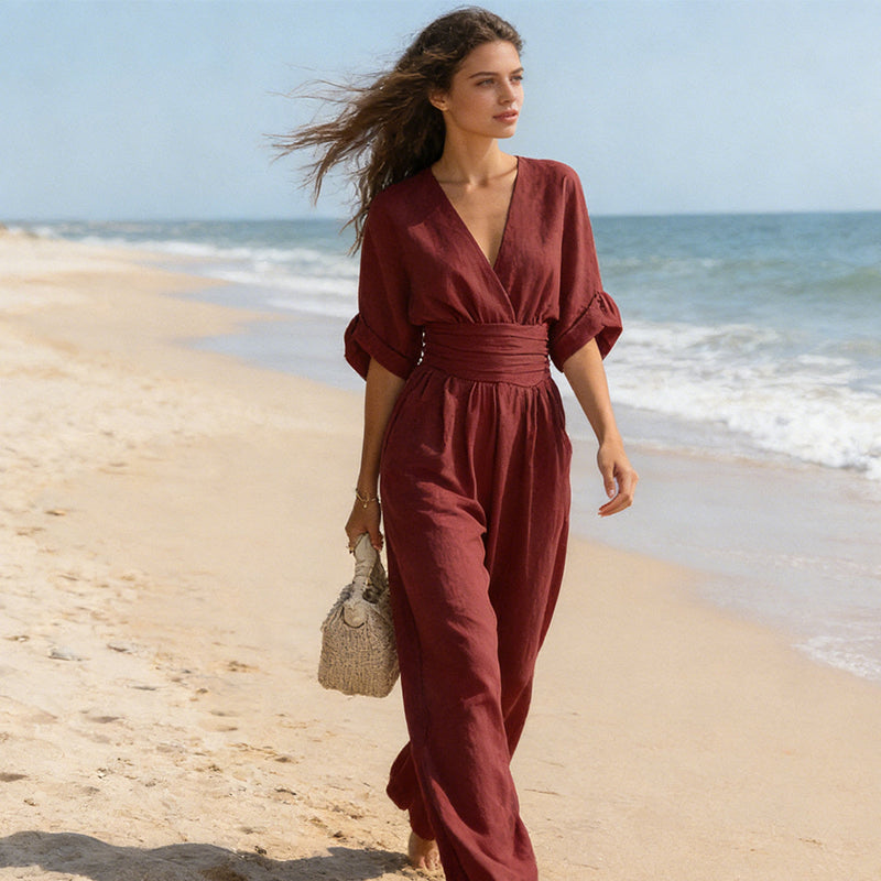 Women's Elegant Wide-Leg Jumpsuit with V-Neck Flowy Fit 12