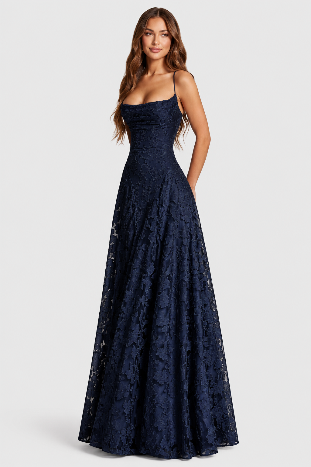 Raised 3D Floral Lace A-Line Midi-Maxi Dress with Draped Neckline 12