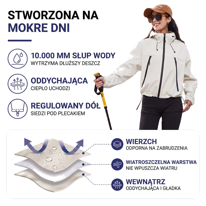 Women's Short Trekking Jacket, 3-Layer Waterproof Shell, Adjustable Hem 2