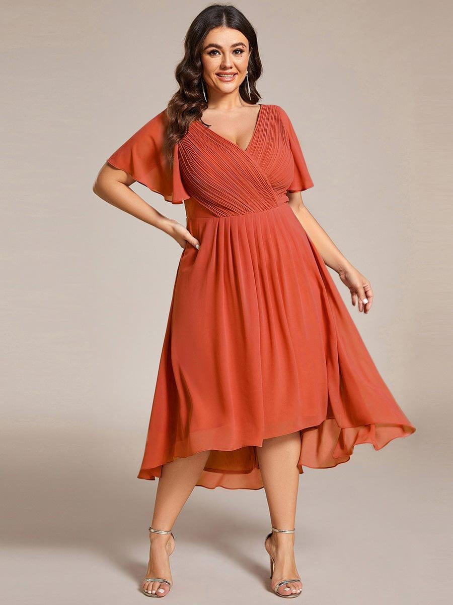 Chiffon High-Low Wedding Guest Dress with V-Neck and Short Sleeves 97