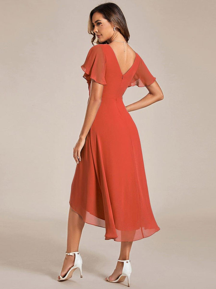 Chiffon High-Low Wedding Guest Dress with V-Neck and Short Sleeves 93