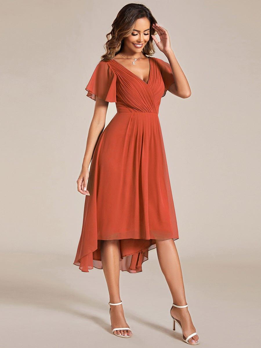 Chiffon High-Low Wedding Guest Dress with V-Neck and Short Sleeves 96