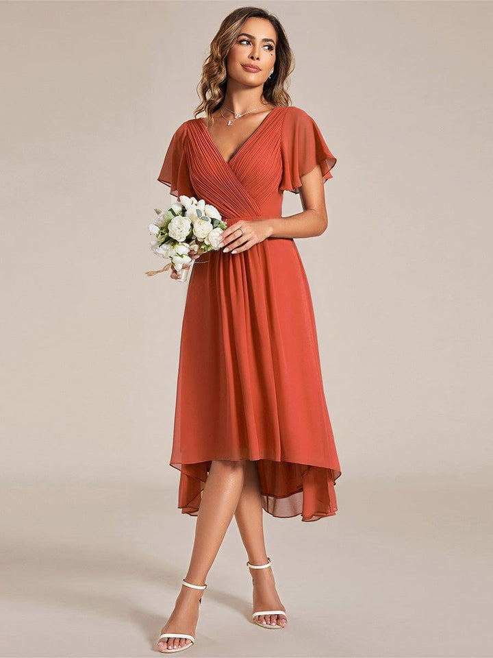 Chiffon High-Low Wedding Guest Dress with V-Neck and Short Sleeves 95