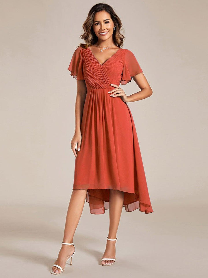Chiffon High-Low Wedding Guest Dress with V-Neck and Short Sleeves 92