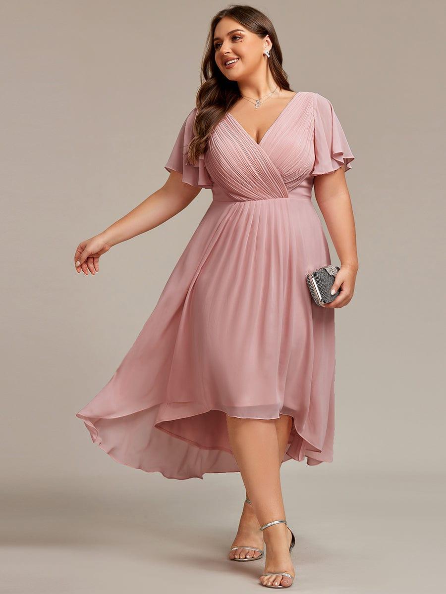 Chiffon High-Low Wedding Guest Dress with V-Neck and Short Sleeves 133