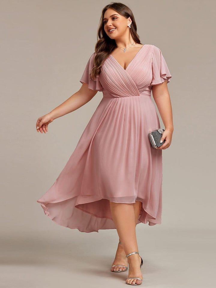 Chiffon High-Low Wedding Guest Dress with V-Neck and Short Sleeves 133