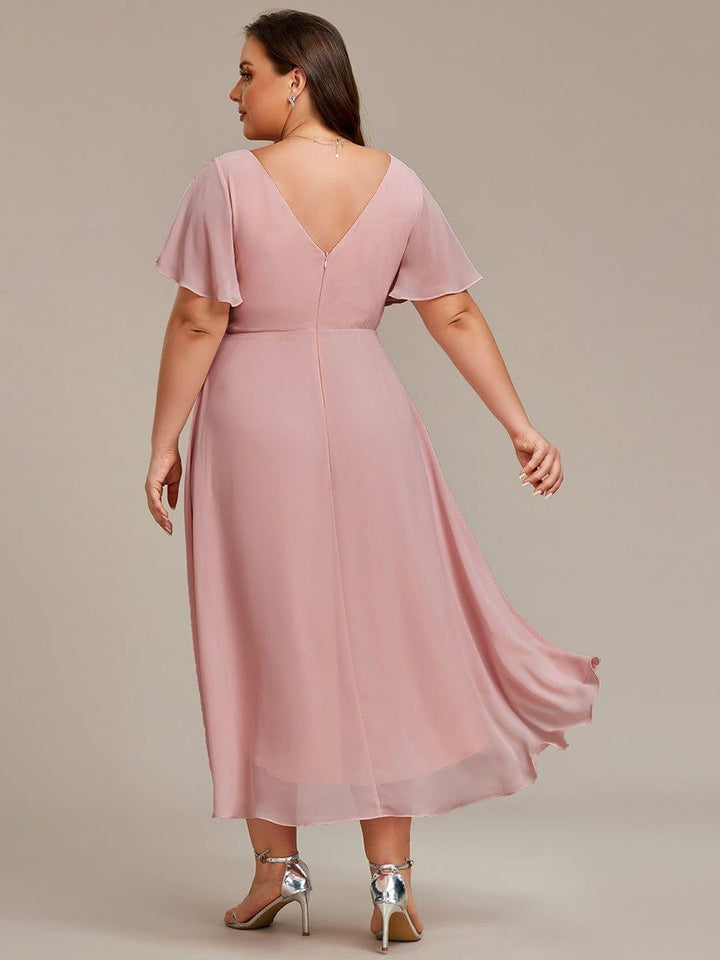 Chiffon High-Low Wedding Guest Dress with V-Neck and Short Sleeves 130