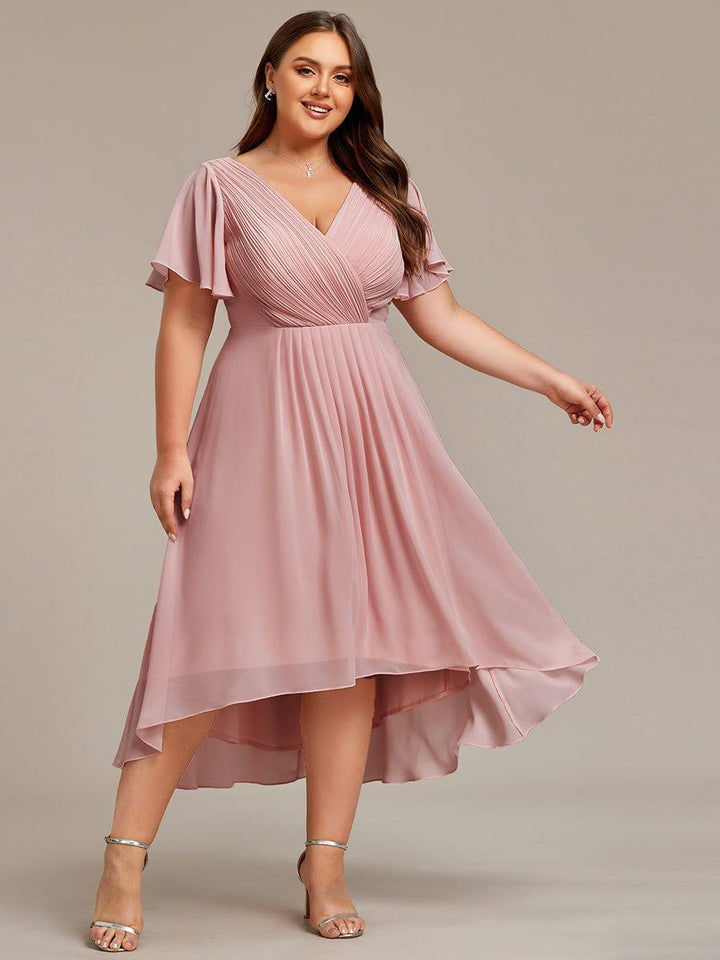 Chiffon High-Low Wedding Guest Dress with V-Neck and Short Sleeves 132
