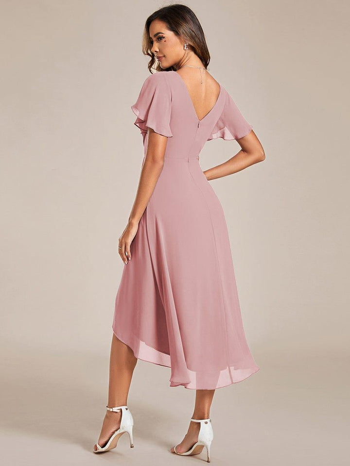 Chiffon High-Low Wedding Guest Dress with V-Neck and Short Sleeves 125