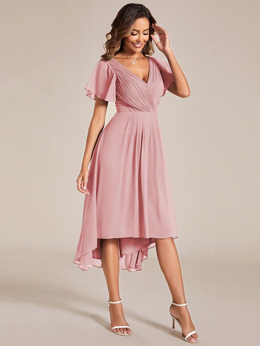 Chiffon High-Low Wedding Guest Dress with V-Neck and Short Sleeves 128