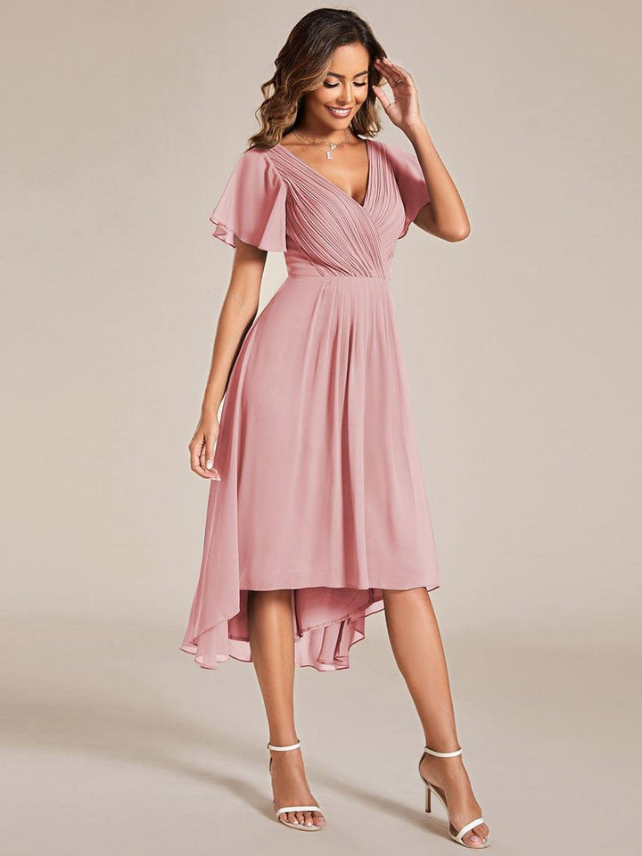 Chiffon High-Low Wedding Guest Dress with V-Neck and Short Sleeves 128