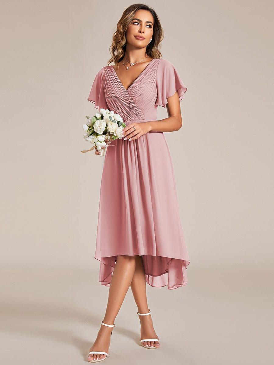 Chiffon High-Low Wedding Guest Dress with V-Neck and Short Sleeves 126