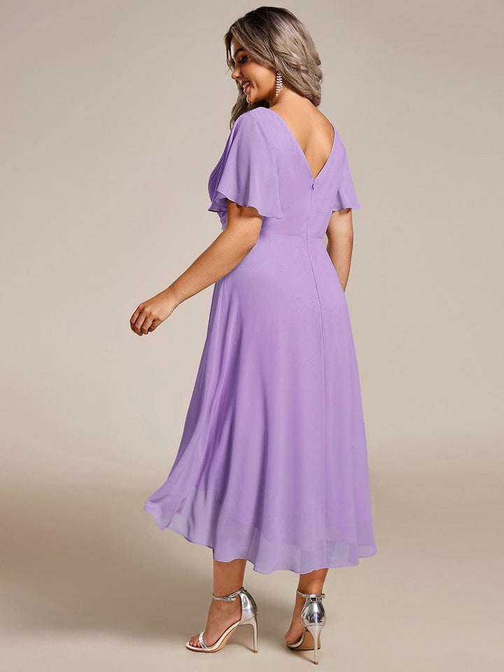 Chiffon High-Low Wedding Guest Dress with V-Neck and Short Sleeves 106