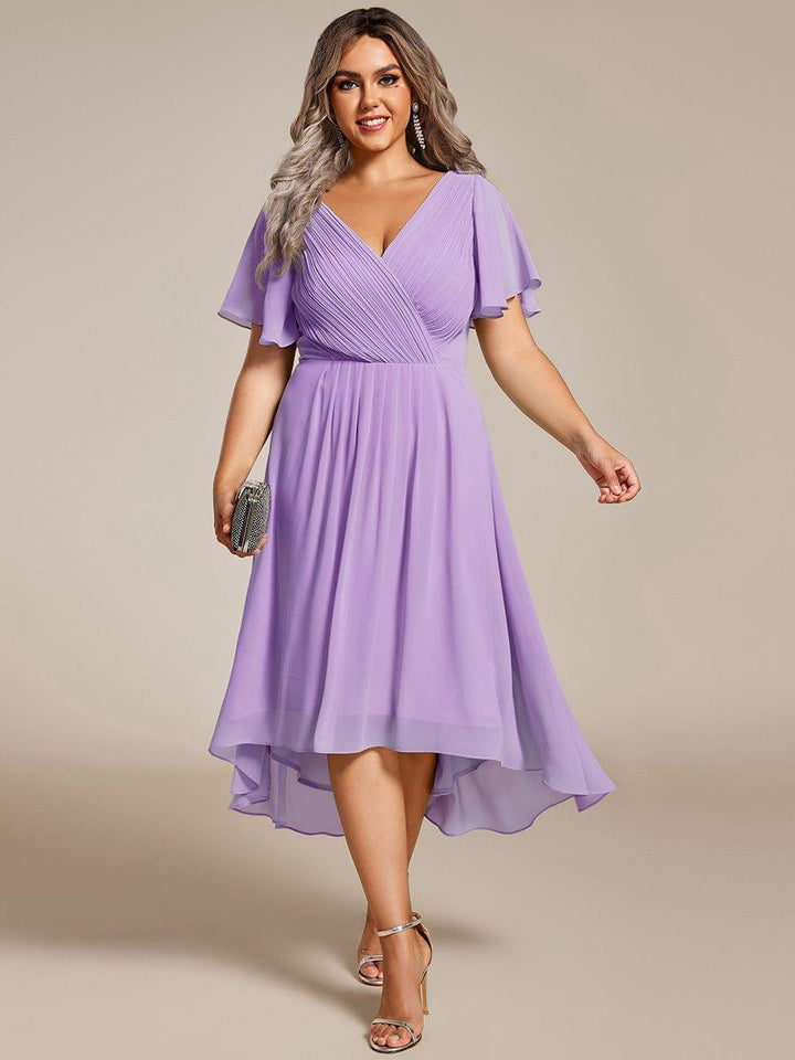 Chiffon High-Low Wedding Guest Dress with V-Neck and Short Sleeves 105