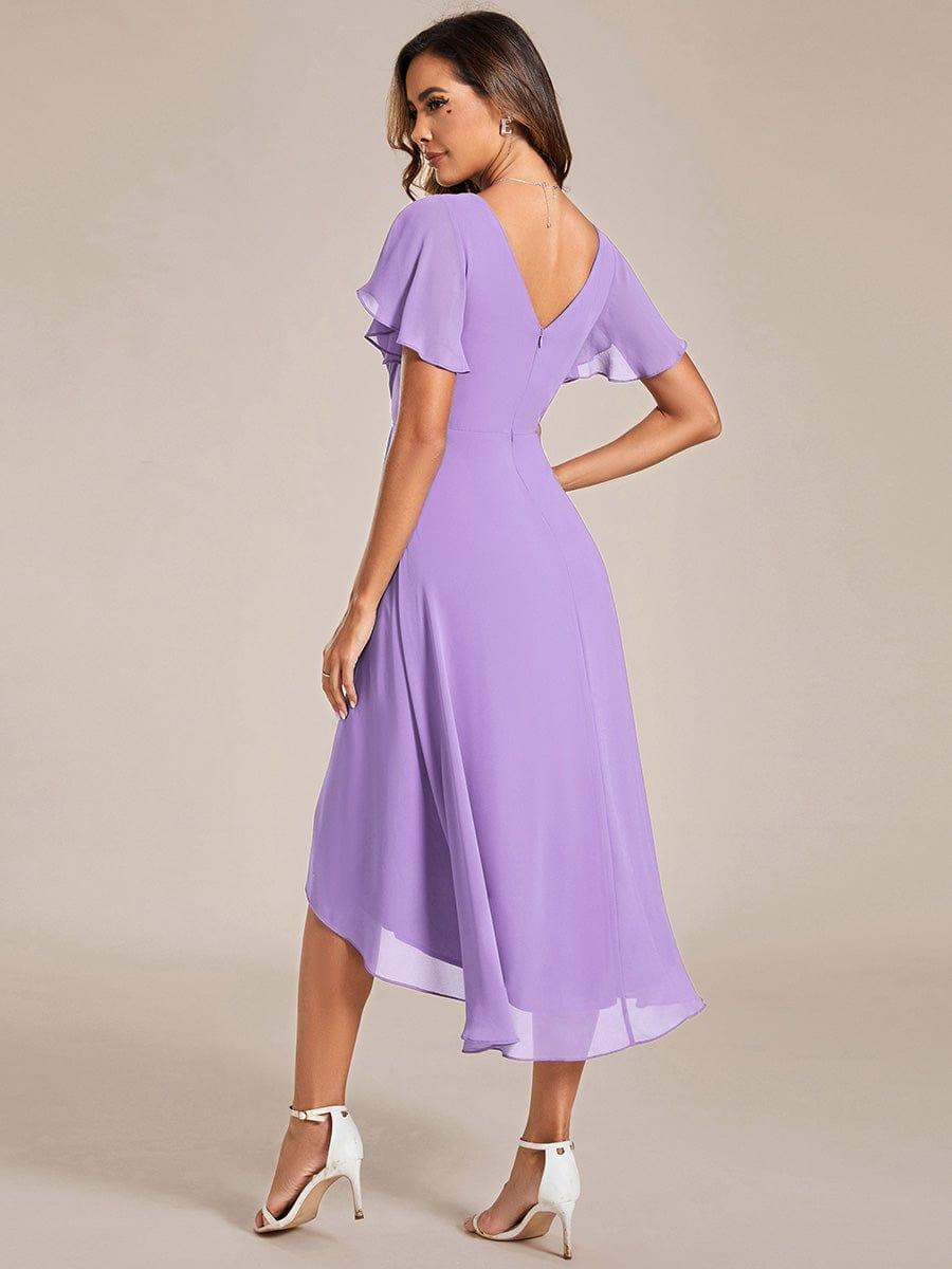Chiffon High-Low Wedding Guest Dress with V-Neck and Short Sleeves 101