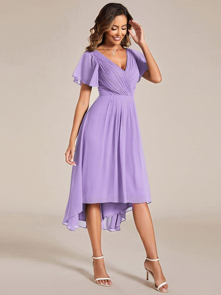 Chiffon High-Low Wedding Guest Dress with V-Neck and Short Sleeves 104
