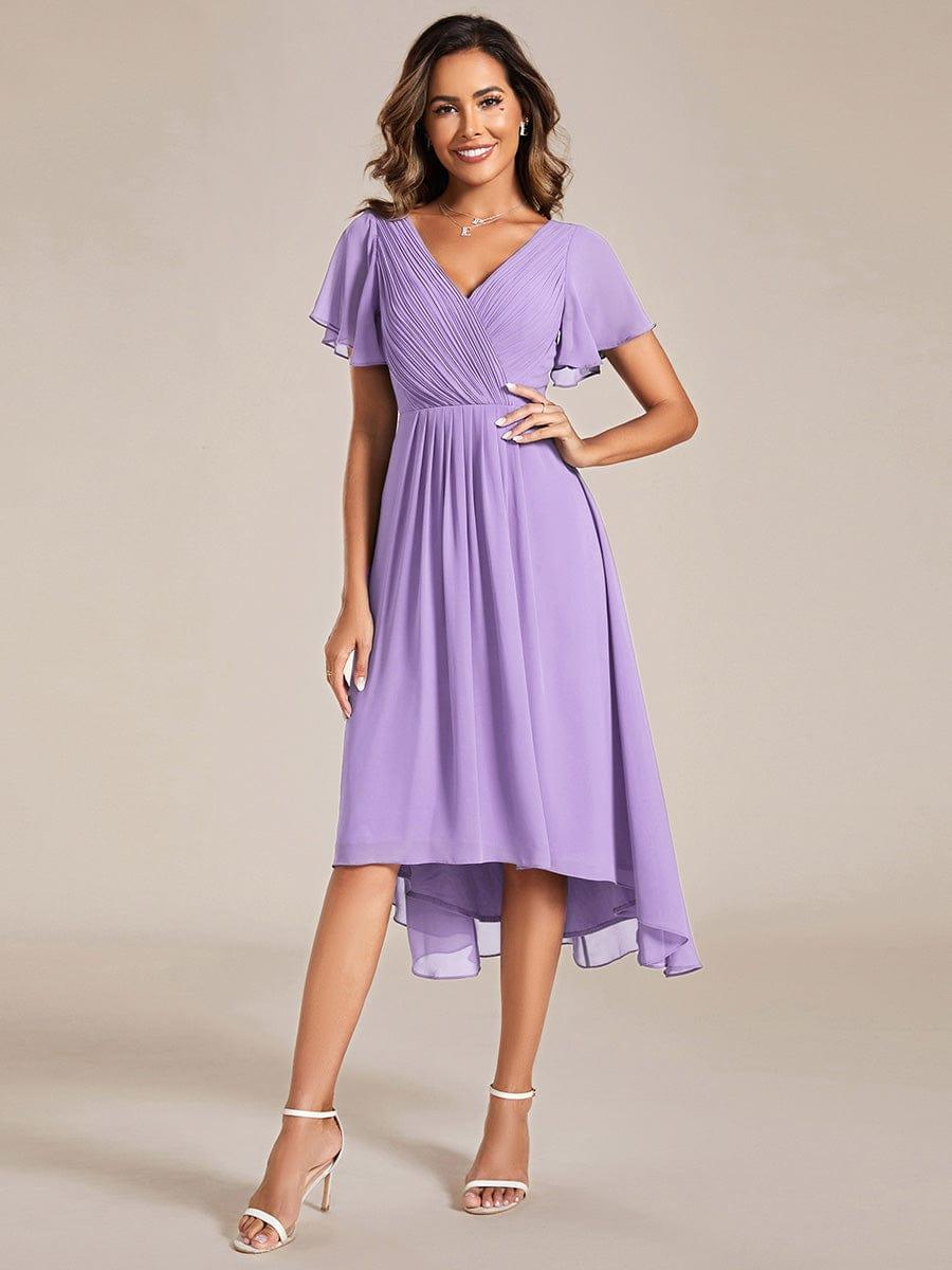 Chiffon High-Low Wedding Guest Dress with V-Neck and Short Sleeves 100