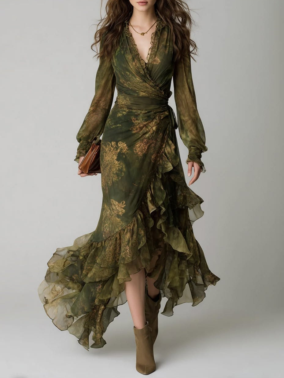 Women's Green Floral Wrap Maxi Dress with V-Neck, Long Sleeves and Ruffle Tiers 1