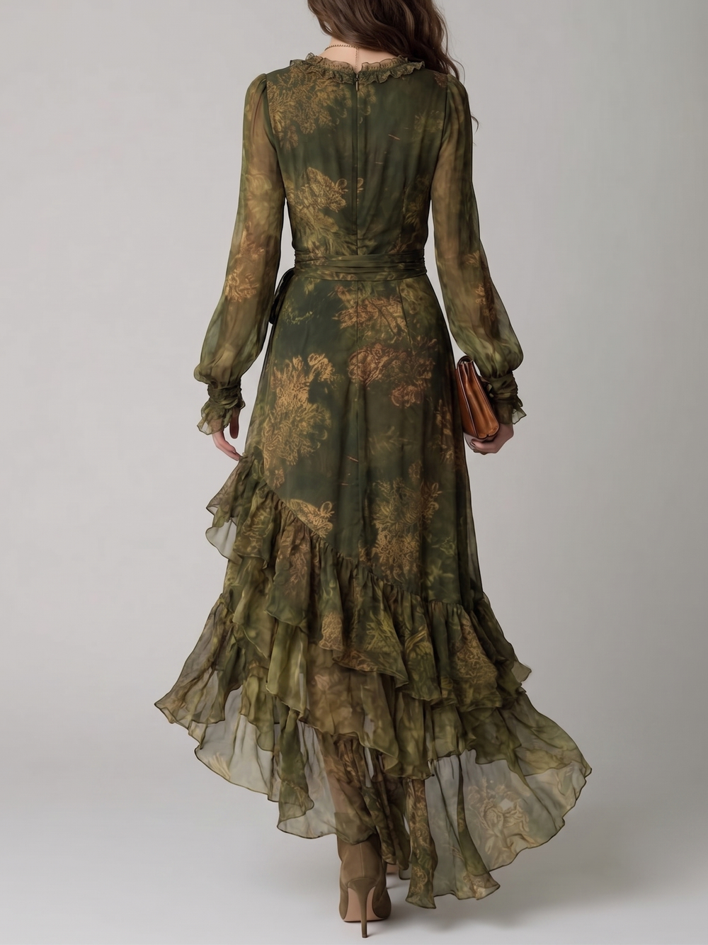 Women's Green Floral Wrap Maxi Dress with V-Neck, Long Sleeves and Ruffle Tiers 2