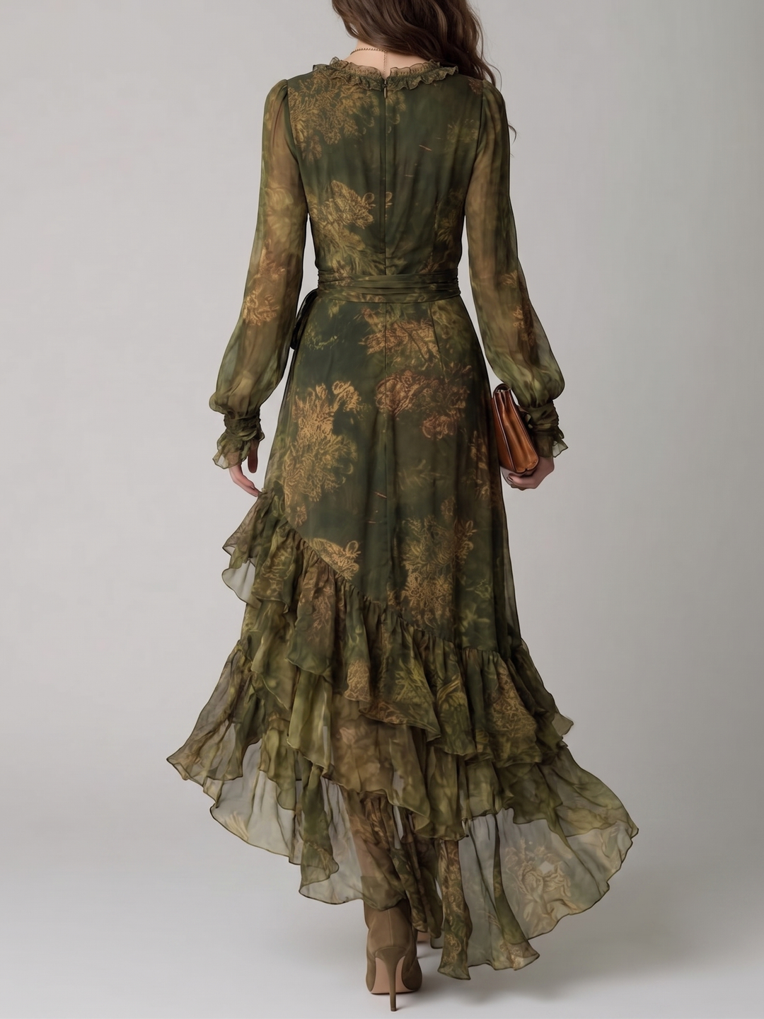 Women's Green Floral Wrap Maxi Dress with V-Neck, Long Sleeves and Ruffle Tiers 2