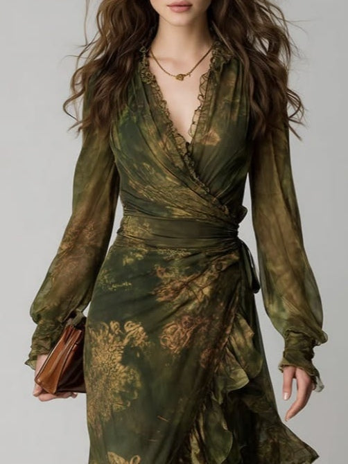 Women's Green Floral Wrap Maxi Dress with V-Neck, Long Sleeves and Ruffle Tiers 3
