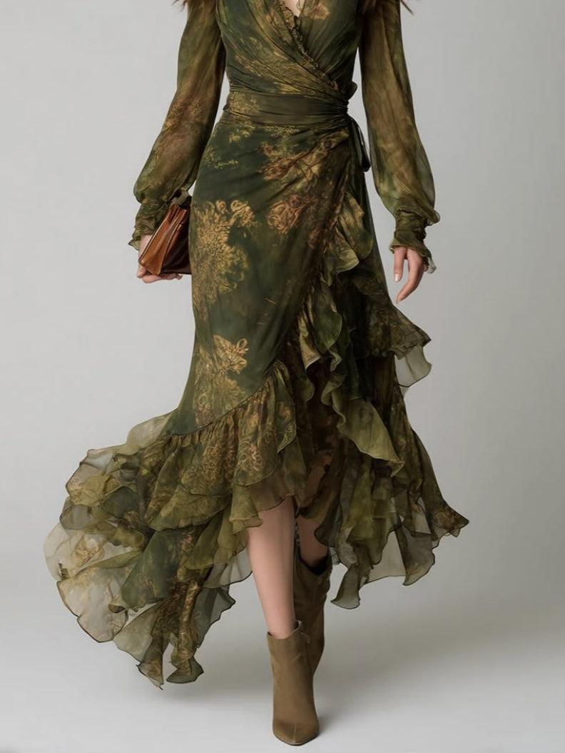 Women's Green Floral Wrap Maxi Dress with V-Neck, Long Sleeves and Ruffle Tiers 4