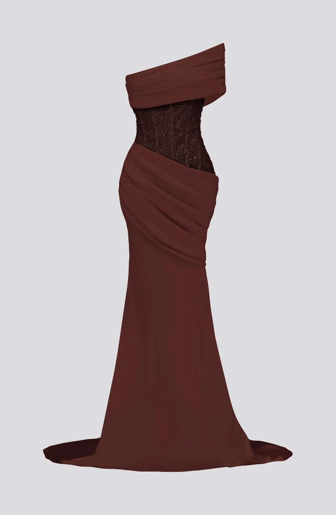 Asymmetric Off-Shoulder Corset Maxi Gown with Train 5