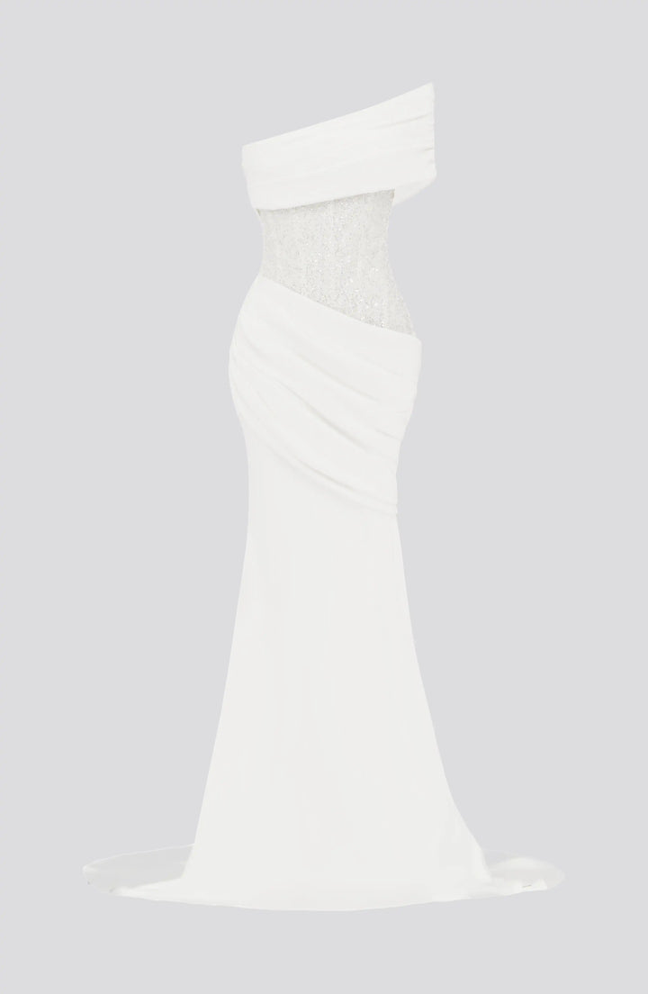 Asymmetric Off-Shoulder Corset Maxi Gown with Train 12