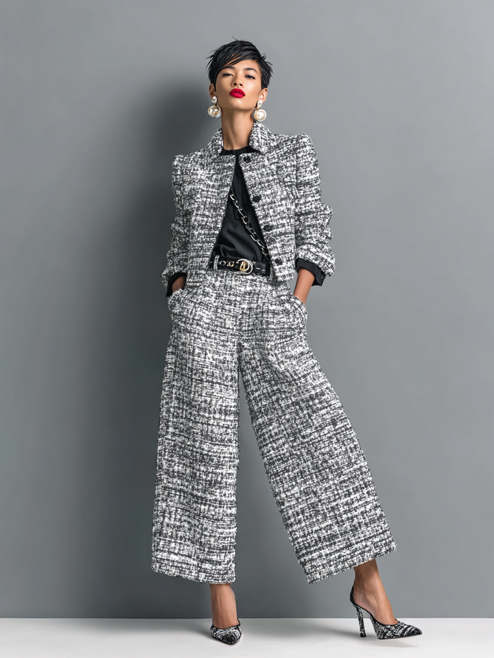 Women's Tailored Two-Piece Textured Pants Suit Set with Wide-Leg Pants 2