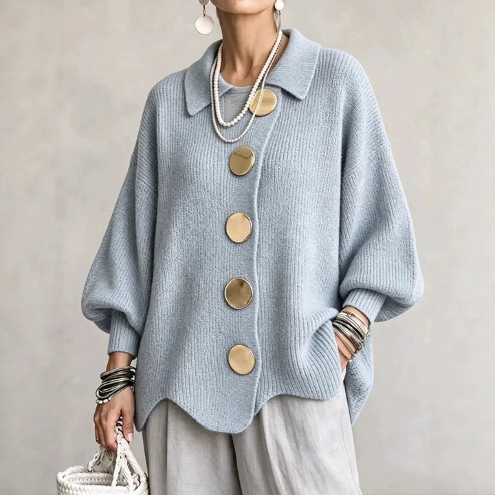 Oversized Scalloped Hem Cardigan with Gold Tone Buttons and Pointed Collar 5